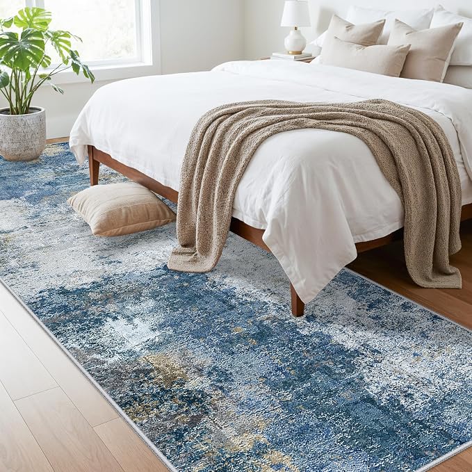 RUUGME 3x10 Runner Rug for Hallway: Non-Slip Washable Kitchen Runner Coastal Wide Throw Carpet for Bedroom Entryway Bathroom - Soft Low Pile Thin Long Floor Mat for Modern Home Decor (3X10 Blue-W)