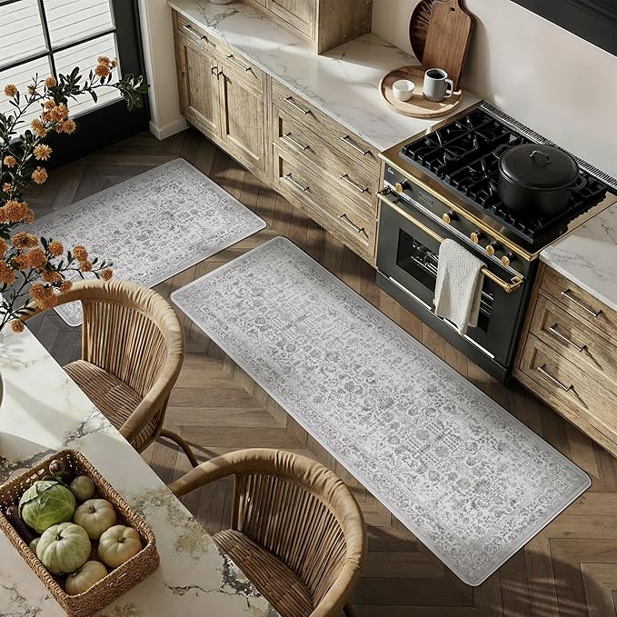 Kitchen Mats 2PCS Anti Fatigue Cushioned Mat Black Vintage Kitchen Mats for Floor Waterproof Non Slip Comfort Standing Retro Floral Rug for Sink Laundry Office 17.3"x59"+17.3"x30"