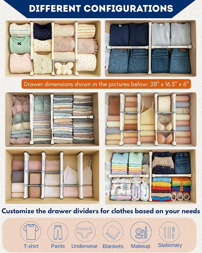 4 Pack Adjustable Drawer Dividers for Clothes with Scent Slots 4" High, 13-20.4" and 4 Adjustable Hooks, Expandable Dresser Drawer Dividers for Kitchen, Closet, Bathroom, Office