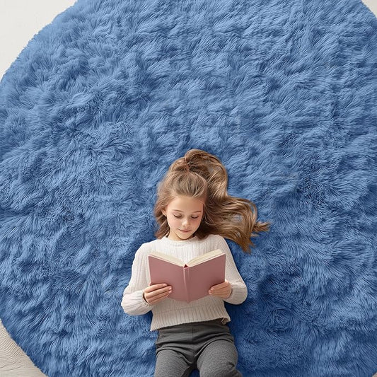 OLANLY Blue Round Rugs for Bedroom - Machine Washable, 7 ft Circle Area Rugs for Living Room, Soft and Fluffy Shaggy Carpet for Teen Girl and Boys, Nursery Rooms, Dorms, Home Decor Aesthetic