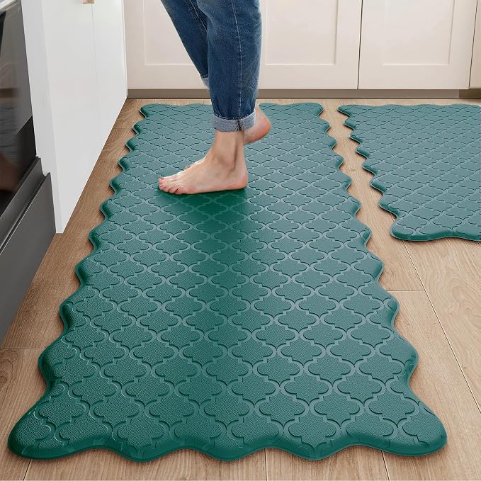 Arenarug Upgrade Scalloped Embossed Kitchen Mats for Floor 2PCS Cushioned Anti Fatigue Waterproof Foam Kitchen Rugs Non Slip Washable Comfort Standing Mat for Sink Laundry, Spruce Green