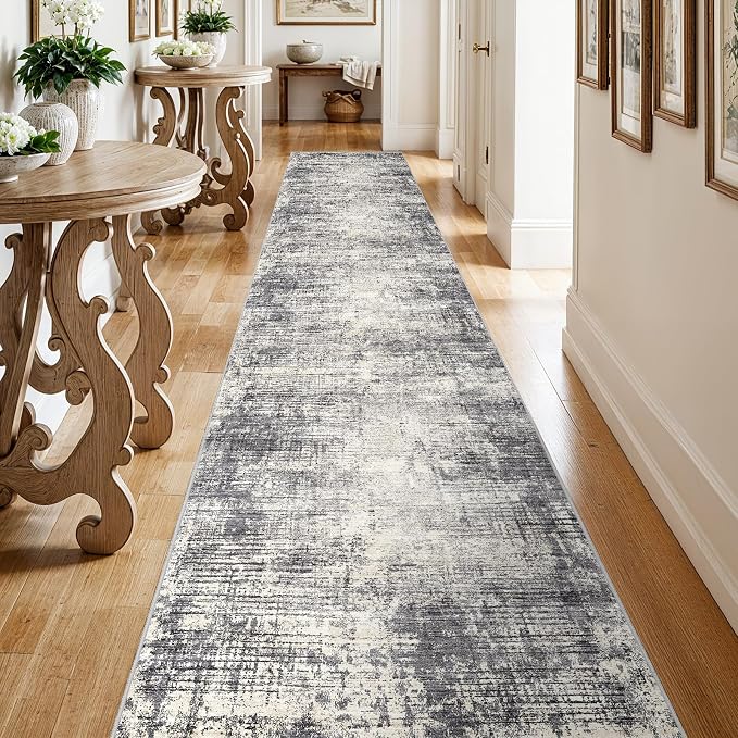 3x20 Hallway Washable Runner Rug - Non-Slip Kitchen Rugs with Rubber Backing Abstract Neutral Low-Pile Carpet Runners for Laundry Room Home Decor Bedroom Bathroom Entryway (Gray Beige,3x20)
