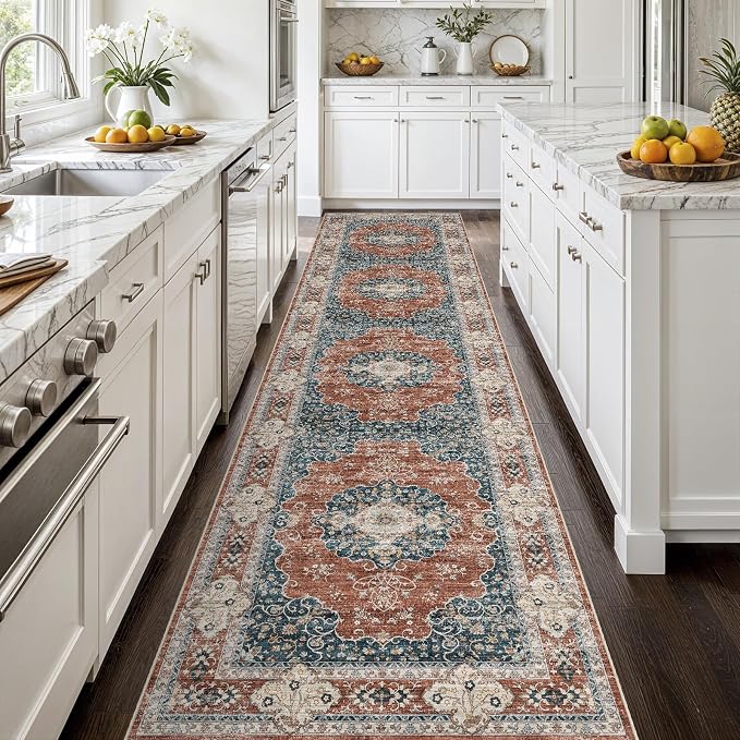 3x12 Washable Hallway Runner Rug:Oriental Indoor Kitchen Rugs Vintage Door Mat Non Slip with Rubber Backing Low Pile Thin Carpet for Bedroom Bathroom Living Room Bedside (3x12 Brick/Blue)
