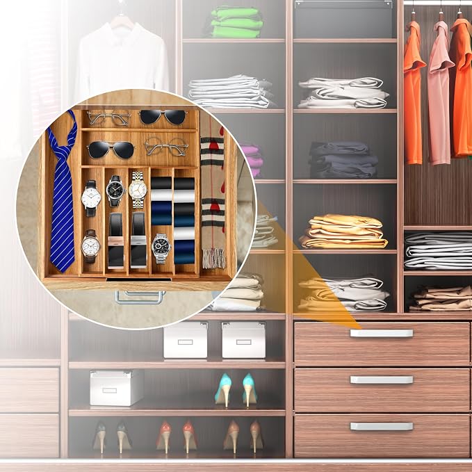 Large Premium Acacia Wood Silverware Organizer - Expandable Utensil Drawer Organizer - 17"x19.6" Utensil Holder and Cutlery Tray with Grooved for Kitchen Flatware Utensils(7-9 Slot, Acacia)