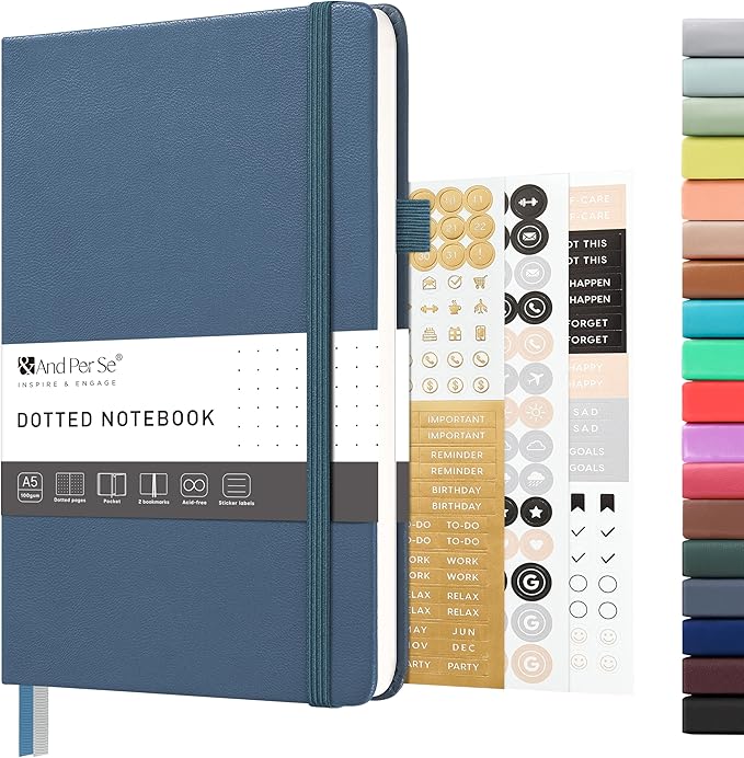 &And Per Se Dotted Journal Notebook – A5 Hardcover, 160 Pages 100gsm Paper, Dot Grid Notebook for Planning & Creative Journaling, 3 Sticker Sheets Included (Dark Blue)