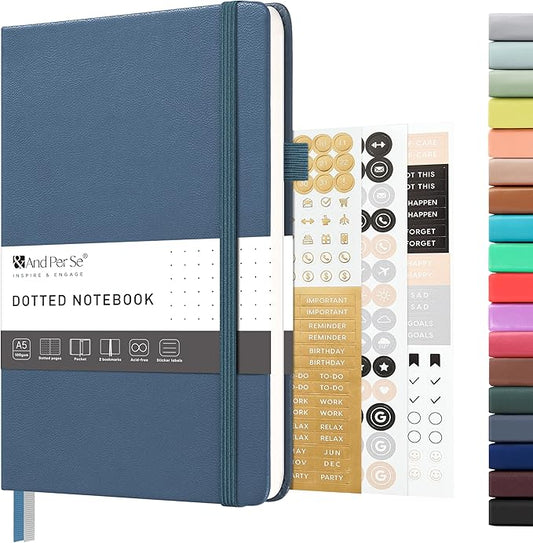 &And Per Se Dotted Journal Notebook – A5 Hardcover, 160 Pages 100gsm Paper, Dot Grid Notebook for Planning & Creative Journaling, 3 Sticker Sheets Included (Dark Blue)