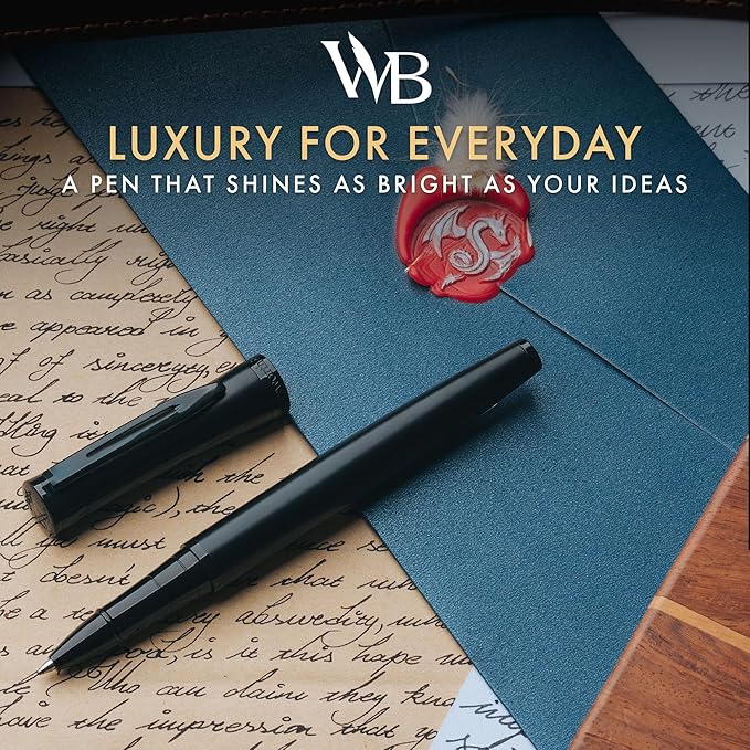 Wordsworth and Black Rollerball Pen - Luxury Pen - All Black Lacquer Finish, Ink Refill, Refillable Gift for Men & Women, Professional Writing, Nice and Fancy Pens and for Work