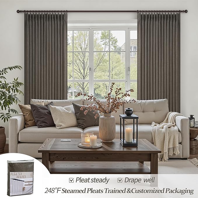 Extra Long 120 Inch Pleated Blackout Curtains for Living Room 2 Panels Set, Chocolate Tart Memory Trained Dual Layer Linen Floor to Ceiling Luxury Curtain Soundproof Large Windows Drapes 10 FT Length