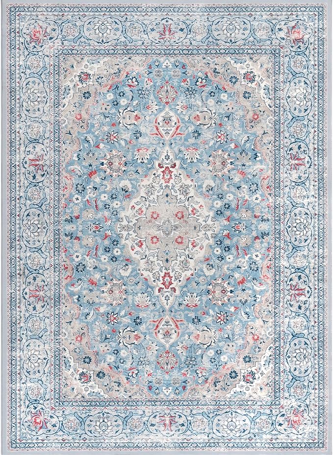 Blue Washable Vintage Non Slip Area Rug, 8x10 Boho Floral Living Room Rugs, Soft Low Pile Indoor Mat, Aesthetic Pattern Carpet for Bedroom Kitchen and Dining Room