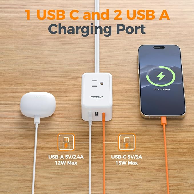 TESSAN Small Flat Plug Power Strip, Ultra Thin Extension Cord 5 ft, 3 AC Outlets with 3 USB Ports (1 USB C), Multiple Wall Outlet Extender for Cruise Travel Office School Dorm Room Essentials, White