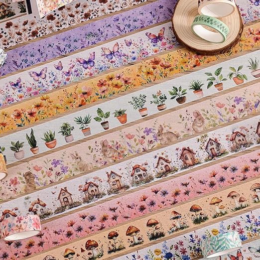 PAGEMORE 27 Rolls Vintage Washi Tape Set, Floral Butterfly Forest Mushroom Botanical Flower Writable Decorative Tapes for Scrapbooking, Junk Journal Supplies, Bullet Journaling 9.84ft Long/Roll