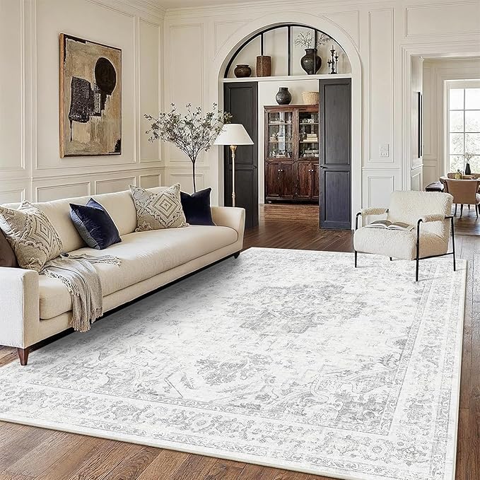 8x10 Vintage Washable Area Rugs Boho Medallion Large Distressed Retro Accent Carpet Floral Non-Slip Soft Low Pile Indoor Throw Rug for Living Room Bedroom Dining Room Office Kitchen, Gray