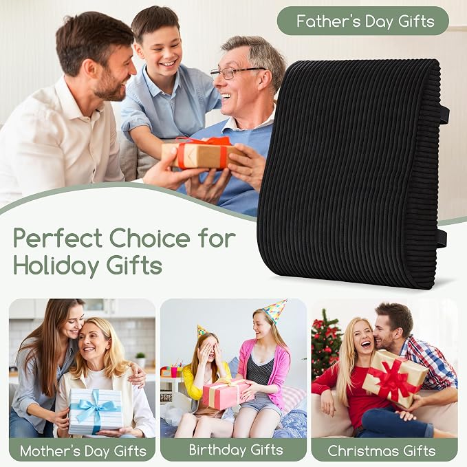 Ergonomic Lumbar Support Pillow for Lower Back Pain Relief, Corduroy Cover Back Support Cushion with Adjustable Straps, Large Size Lumbar Pillow for Office, Gaming & Home Essentials, Large, Black