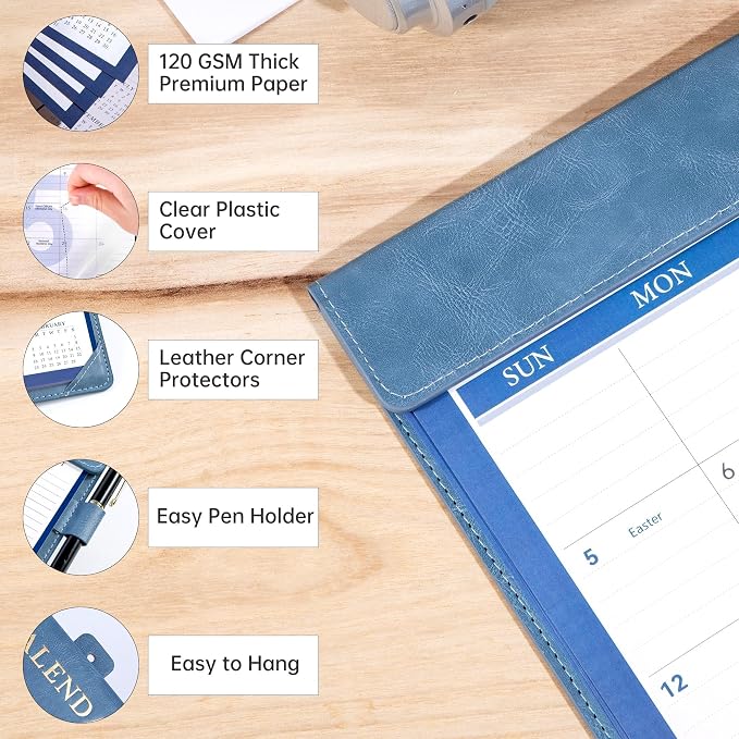 Yoment Desk Calendar 2026, Jan 2026-Dec 2027, 2026 Desk Calendar Large 17 x 12, 2026 Calendar with Plastic Cover, To-Do Lists, Leather Desktop Wall Calendar 2026-2027 for Office School Home, Blue