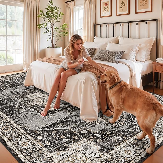 RUUGME Living Room 7x10 Area Rug : Washable Bedroom Rugs with Non Slip Rubber Backing Indoor Soft Stain Resistant Carpets for Dining Room Distressed Floor Decor Mat for Office Nursery 7x10 Black