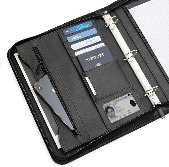 Forevermore Portfolios Portfolio Organizer - 3 Ring Binder with Notepad - 1.5 Inch Rings - Zippered Storage Pockets for Papers, Travel Documents, Presentation Folder, Cards, Passport, Tickets - Black