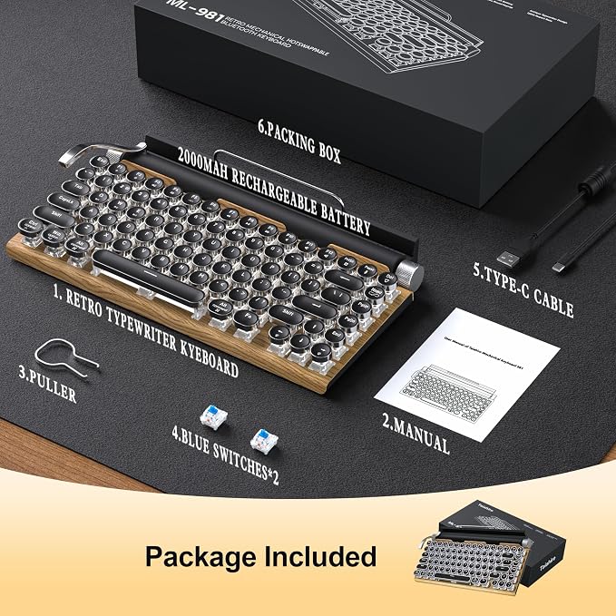 Retro Typewriter Keyboard, Wireless Mechanical Gaming Keyboard, 83-Key Hot Swap Blue Switches Punk Keycap Office Computer Vintage Keyboards with USB-C/BT5.0 for PC/Laptop/Pad/Phone, LED Backlit, Wood