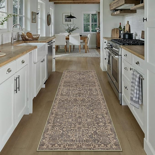 HUGEAR 2x6 Runner Rug Hallway Retro Brown Machine Washable Vintage Floral Low Pile Carpet Vacuumable Distressed Long Throw Rug Bedroom Office Bathroom Kitchen Laundry Non Slip Soft Lightweight
