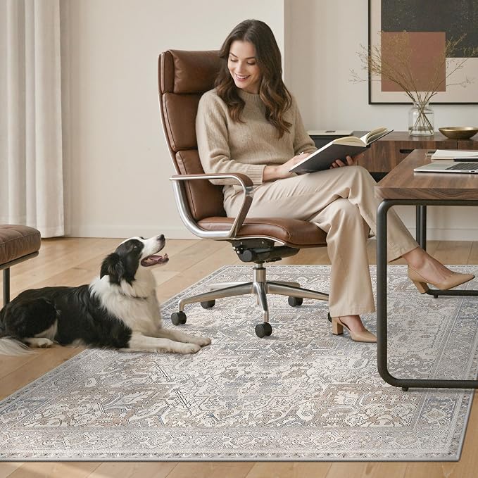 36"x48" Office Chair Mat for Hardwood Tile Floor, Under Desk Carpet Protector for Rolling Computer Chair Mat, Machine Washable Area Rug, Anti-Slip 1/5" Thick Low Pile Thin Vinyl Floor Mat, Khaki Blue