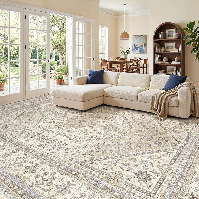 12x18 Area Rug for Living Room: Large Washable Oriental Rugs Non Slip Backing Stain Resistant Carpet for Bedroom Indoor Soft Low Pile Floor Mat for Dining Room Home Office Decor