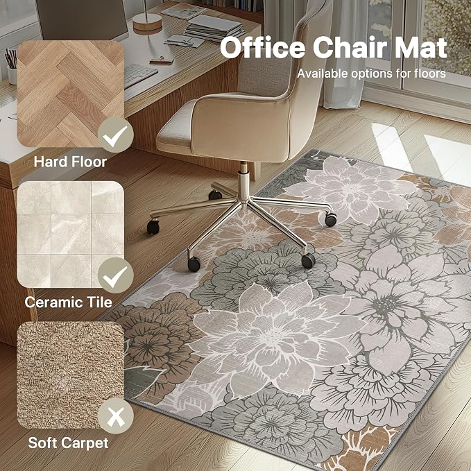36"x60" Office Chair Mat for Hardwood Tile Floor, Under Desk Carpet Protector for Rolling Computer Chair Mat, Machine Washable Area Rug, Anti-Slip 1/5" Thick Low Pile Thin Vinyl Floor Mat, Taupe Grey
