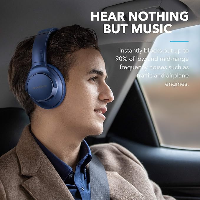 Soundcore Anker Life Q20 Hybrid Active Noise Cancelling Headphones, Wireless Over Ear Bluetooth Headphones, 60H Playtime, Hi-Res Audio, Deep Bass, Foam Ear Cups, Travel, Office, USB-C Charging