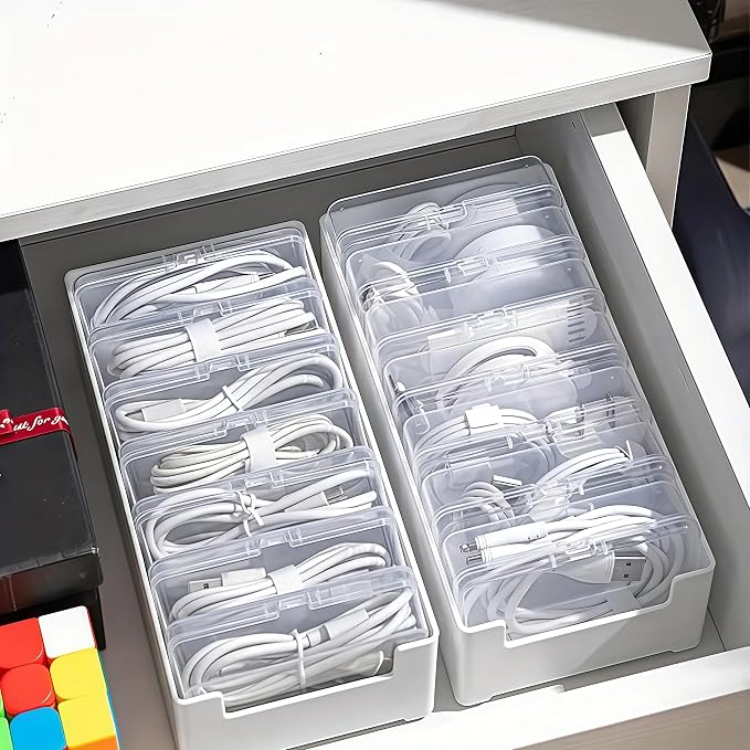 11 Grid Clear Cable Organizer Box with Switch for Desktop Cord Storage | Office desktop use, home wire sorting, stationery storage, detachable dividers, tidy cable arrangement