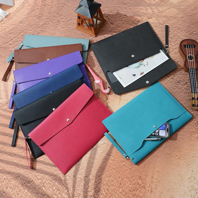 Wonderpool A4 PU Leather Envelope Documents File Portfolio Large Capacity Folders Travel Bag for Paper Letter Stationery Organizer and Tablet Case PC Sleeve (Plum red)