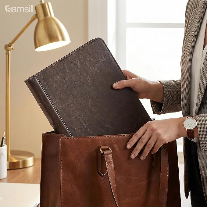 Samsill Vintage Portfolio/Zipper Faux Leather Portfolio, Book Style Hardback Design, Business & Interview Padfolio Organizer, 8.5 x 11 Writing Pad, Dark Brown