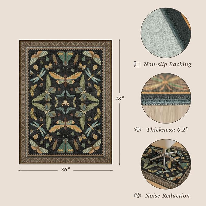 3'x4' Black Office Chair Mat for Hardwood Floors, Insect Boho Design,Non-Slip Low Pile Desk Rug, 36"x48" Small Area Rug for Computer Desk Home Office, Machine Washable WFH Essential for Dorm Room