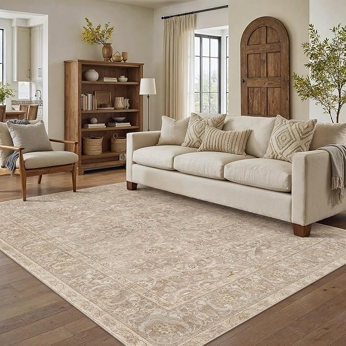 PureCozy Brown 5x7 Area Rug Washable Vintage Living Room Carpet Bedroom Indoor Non Slip Soft Low Pile Thin Stain Resistant Distressed Accent Throw Rug for Dining Office Nursery