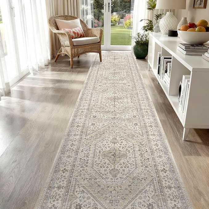2x10 Runner Rug for Hallway Washable: Non Slip Kitchen Rugs with Rubber Backing Soft Waterproof Wide Mats Stain Resistant Low Pile Carpet for Entryway Bedroom Bathroom Laundry Home Decor Beige/Gray
