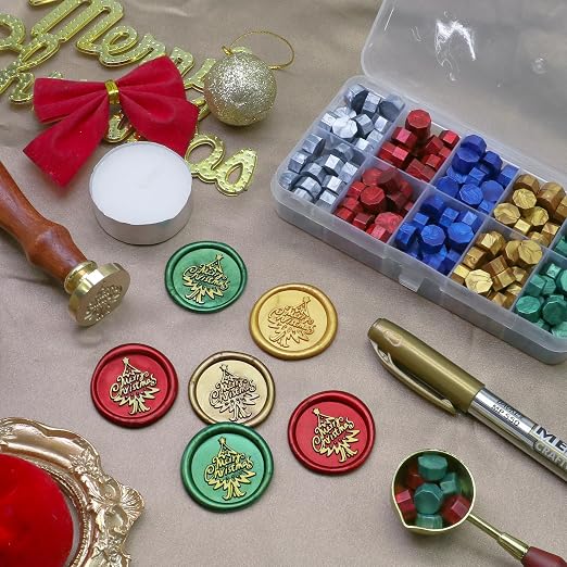 SWANGSA Merry Christmas Tree Wax Seal Stamp Kit with 200pcs Sealing Wax Beads, Great for Embellishment of Christmas Cards, Invitations, Wine Packages, Gift Wraps