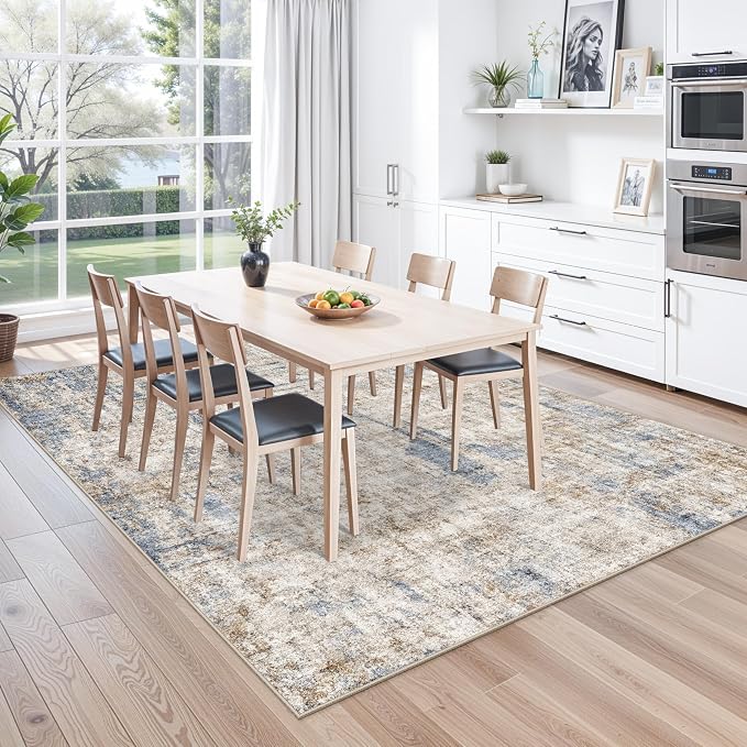 9x12 Washable Living Room Rug – Neutral Modern Abstract Large Area Rugs for Bedroom, Dining Room, Office – Soft Non-Slip Low-Pile Thin Stain-Resistant Indoor Carpet (Blue Brown)