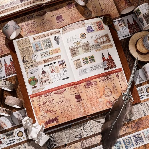 24 Rolls Vintage Washi Tape Set, Antique Car Buildings Map Stamp Stripe Writable Aesthetic Washy Decorative Tapes for Scrapbooking, Junk Journal Supplies, Bullet Journaling 5-75mm Wide (3m Long)/Roll