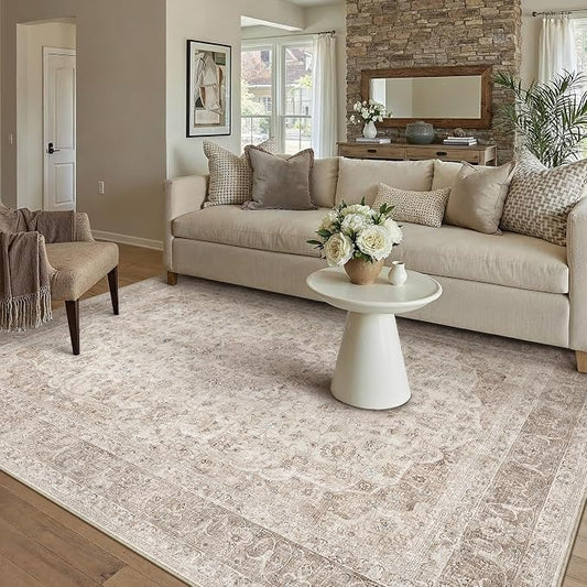 PureCozy Beige Area Rug 5x8 for Living Room Washable Vintage Carpet Low Pile Non Slip Distressed Soft Traditional Retro Oriental Large Accent Throw Rug Office Kitchen Bedroom Bathroom Dining Room