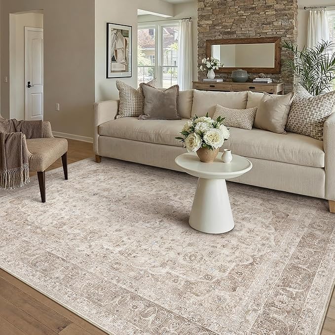 PureCozy Beige Area Rug 5x7 for Living Room Washable Vintage Carpet Low Pile Non Slip Distressed Soft Traditional Retro Oriental Large Accent Throw Rug Office Kitchen Bedroom Bathroom Dining Room