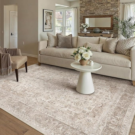 PureCozy Beige Area Rug 5x7 for Living Room Washable Vintage Carpet Low Pile Non Slip Distressed Soft Traditional Retro Oriental Large Accent Throw Rug Office Kitchen Bedroom Bathroom Dining Room
