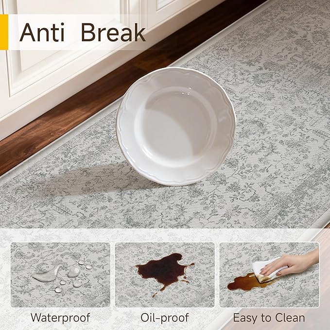 Kitchen Mats for Floor Anti Fatigue Cushioned Gray Vintage Kitchen Mats Waterproof Non Slip Comfort Standing Grey Retro Floral Rug for Sink Laundry Office Bathroom 17.3"x30"