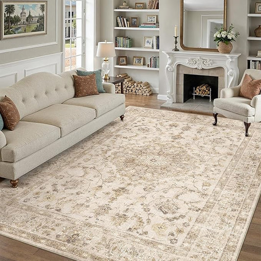5x7 Beige Area Rug Washable Living Room Vintage Carpet Bedroom Distressed Non Slip Low Pile Thin Dining Room Office Medallion Accent Throw Rug