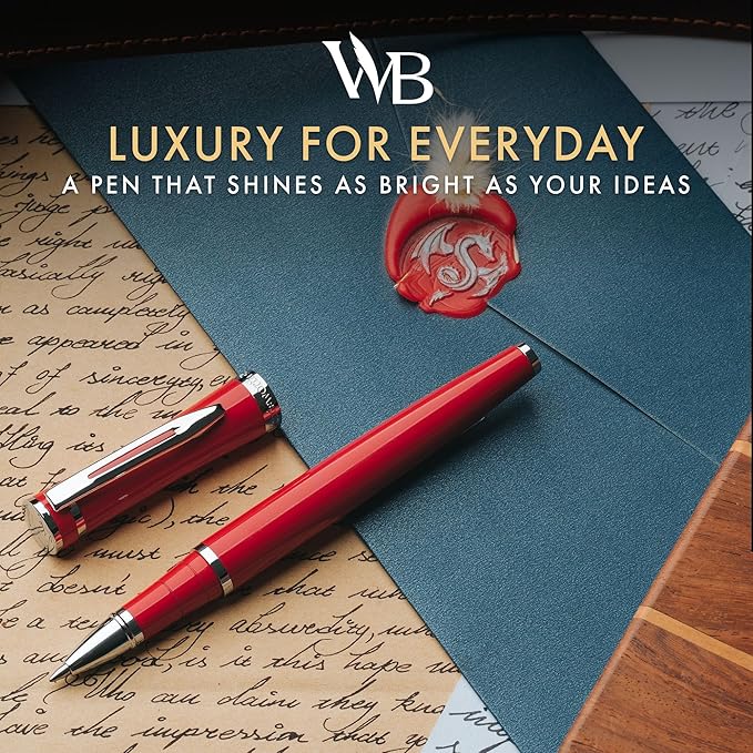 Wordsworth and Black Rollerball Pen - Luxury Pen - Chrome Finish, Red Lacquer, Ink Refill, Refillable, Gift for Men & Women, Professional Writing, Nice and Fancy Pens and for Work