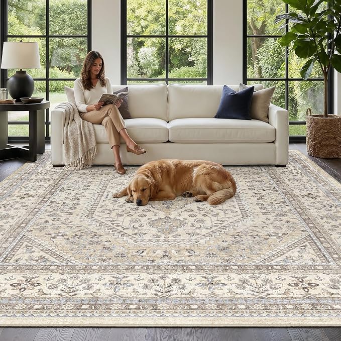 Puino 10x10 Square Area Rug - Washable Oriental Large Rugs for Living Room Soft Non-Slip Backing Indoor Carpet for Bedroom Low Pile Stain Resistant Floor Mat for Dinning Room Home Decor Beige/Gray