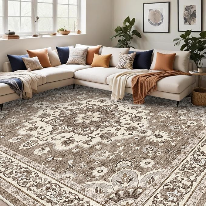 TOPRUUG Washable 12x15 Area Rug - Extra Large Rugs for Living Room Soft Low Pile Carpet for Bedroom Non-Slip Stain Resistant Vintage Indoor Floor Carpets (Beige, 12x15)