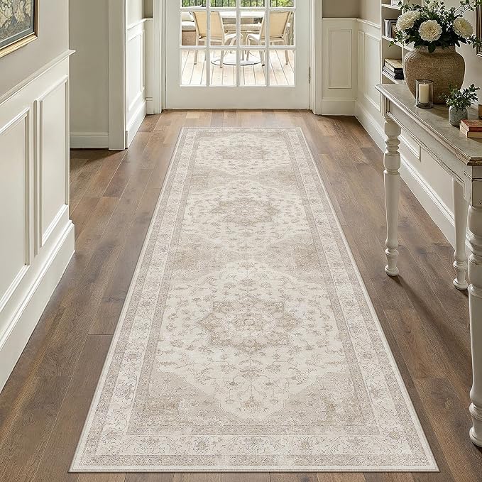 PureCozy Beige Runner Rug 2'6"x8' Washable Vintage Carpet Hallway Kitchen Soft Retro Low Pile Thin Indoor Bedroom Non Slip Oriental Medallion Long Throw Rug for Bathroom Laundry Dining Room