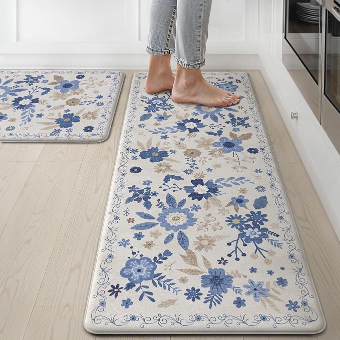 GENIMO Anti Fatigue Kitchen Mats for Floor 2PCS, Cushioned Standing Mats | 17.3"x47"&17.3"x30", Beige Blue vintage floral rug set, waterproof, non slip, easy-clean for farmhouse