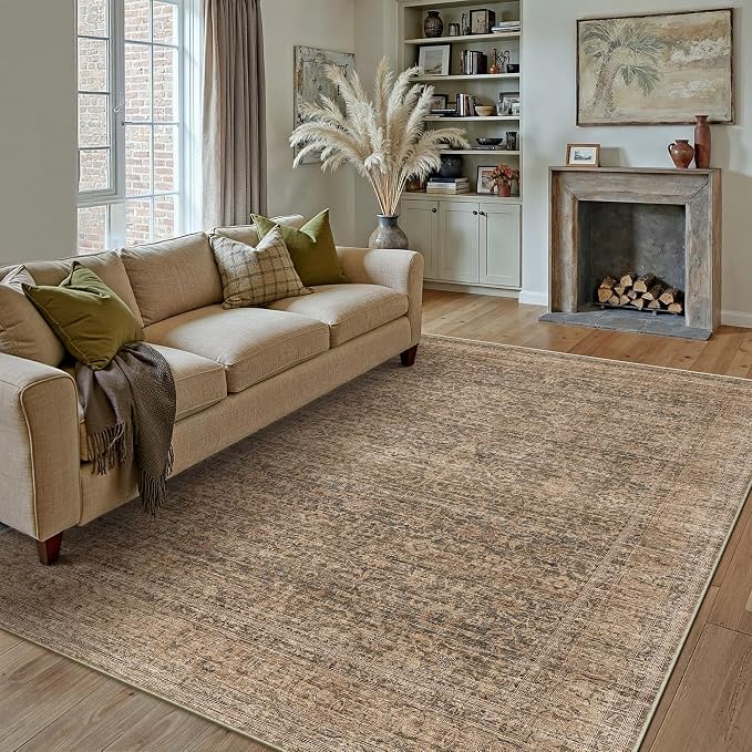 PureCozy Area Rug 9x12 Brown Machine Washable Non-Slip Vintage Low Plie Thin Living Room Bedroom Dining Room Distressed Carpet Indoor Large Home Office Retro Rug