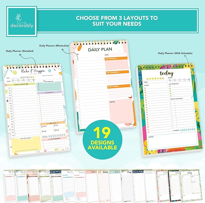 Decorably 52 Sheets Colorful Pastel Undated Daily Planner Pad - 6.5x10in Spring-Bound to Do List Notepad for Schedule, Priorities, Agenda, Water Intake, Meals, Notes and Doodles, Easy Tear-Off Design