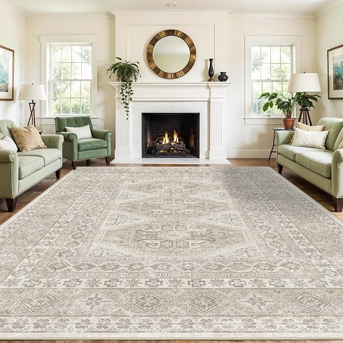 12x15 Area Rug for Living Room: Vintage Oriental Washable Rug for Bedroom Dining Room with Non Slip Rubber Backing Stain Resistant Low Pile Large Carpet Home Office (Beige, 12x15)