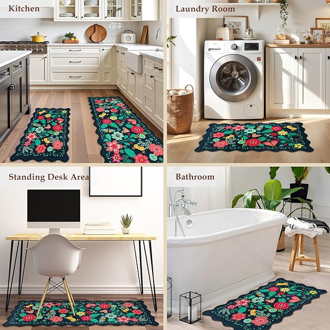 Scalloped Kitchen Mats for Floor 2PC Cushioned Anti Fatigue Kitchen Mats Rugs Waterproof Non Slip Farmhouse Boho Floral Comfort Foam Standing Mat for Sink Laundry, Navy