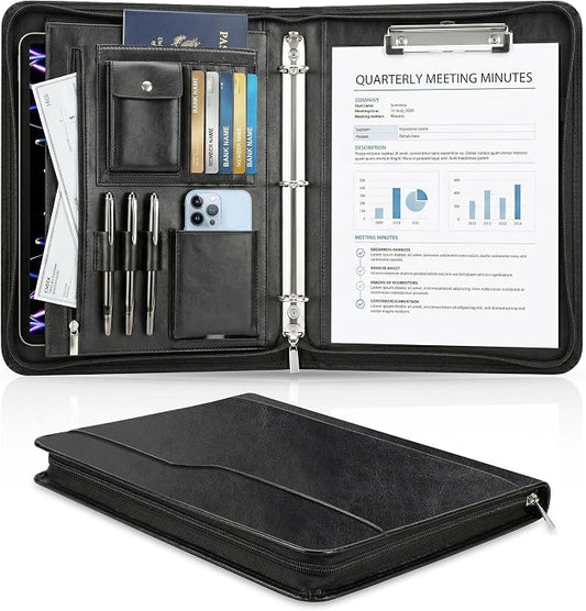 Zippered Padfolio with 3-Ring Binder & Clipboard, PU Leather Portfolio Organizer for Men Women, A4 Document Holder with Phone Pocket Pen Loops Card Slots, Professional Business Interview Folder Black